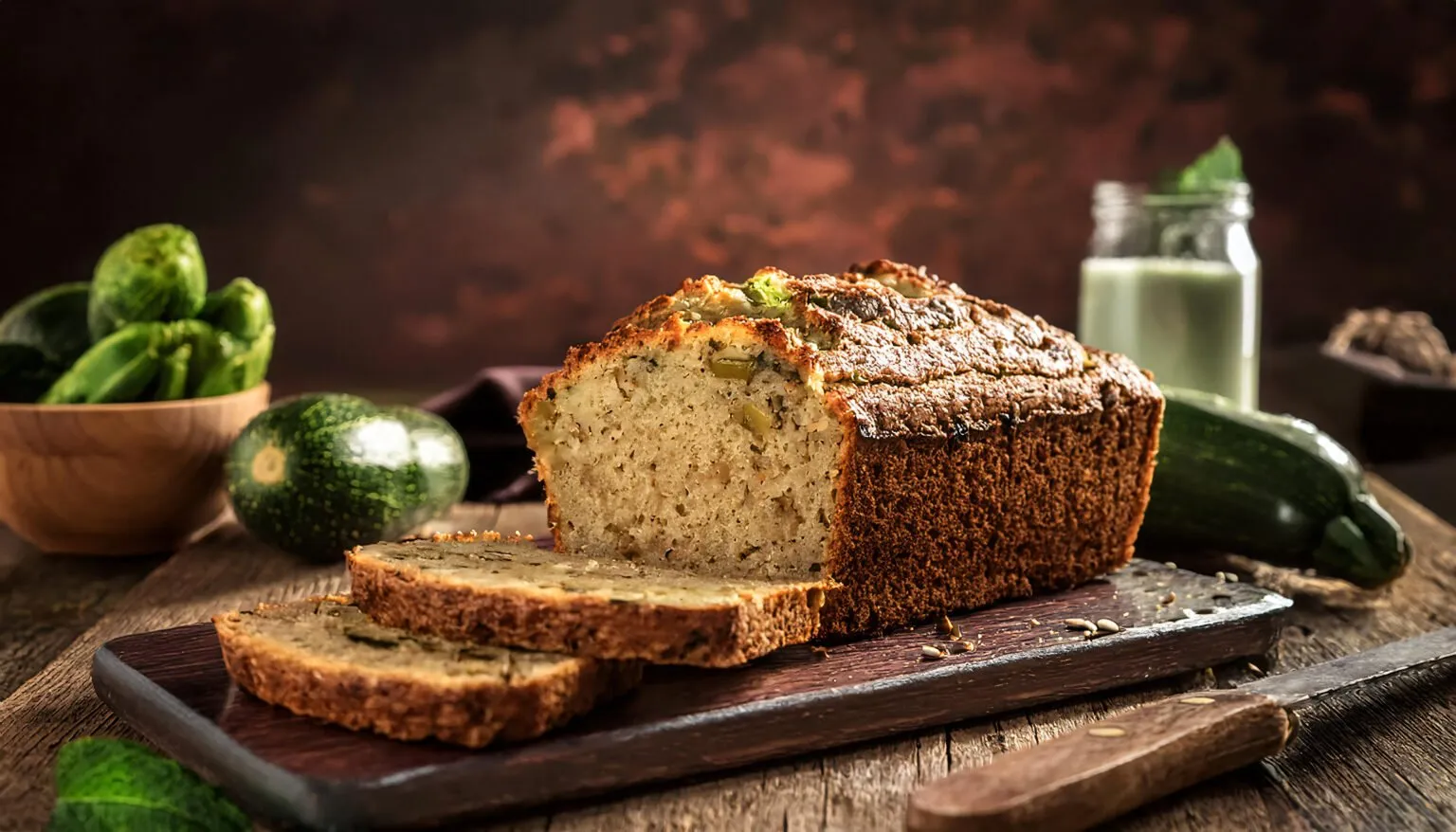 Sliced loaf of zucchini bread beside whole zucchini on a wooden board